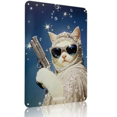 Imagem de Ydeaom Arte de parede de metal de gato engraçado, decoração de parede vintage com moldura retrô, pôster de animal caprichoso para bar em casa, caverna masculina, banheiro, escritório (20 x 25 cm