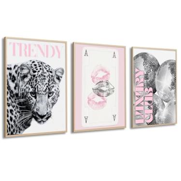 Imagem de Jerbgre Arte de parede de leopardo rosa na moda decoração de tela de guepardo estética de parede pôsteres de luxo bola de discoteca impressões de lábio beijo de pôquer arte para meninas dormitório