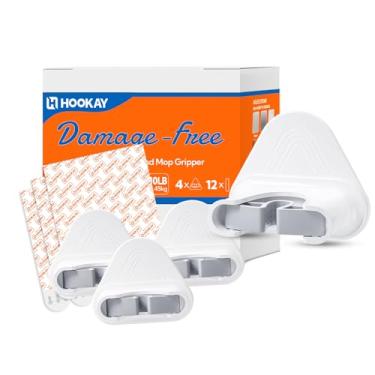 Imagem de hookay Ganchos de parede para vassoura e esfregão de 4,5 kg, 4 ganchos e 12 tiras adesivas, sem danos, organizador de pendurar sem ferramentas para organização doméstica, comporta até 4,5 kg