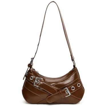 Imagem de Bolsa de ombro vintage vegana de couro com fivela ajustável, bolsa legal nas axilas, bolsas crescentes modernas para mulheres Y2K, Marrom