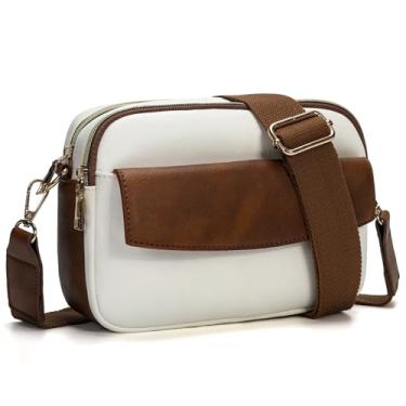 Imagem de Trustjade Bolsa tiracolo feminina de couro vegano, bolsa pequena com vários bolsos e alça larga, bolsa de ombro moderna para uso diário, Bege e marrom, Small to Medium, Moderno