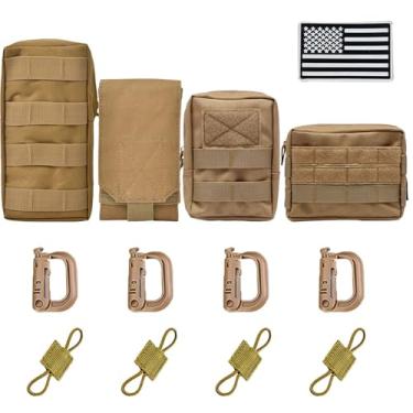 Imagem de LUYEJKO Pacote com 4 bolsas táticas Molle, acessórios de mochila Molle, bolsa tática pequena para mochila (cáqui)