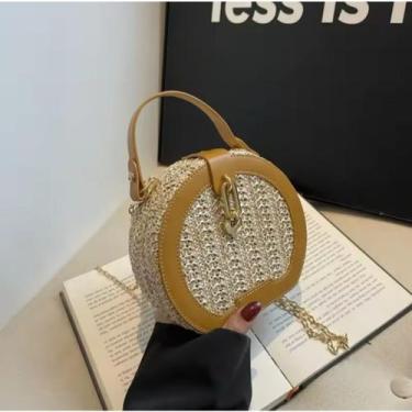 Imagem de Bolsa de Palha Feminina Versatilx Redonda de Couro - NoBrand, Mostarda