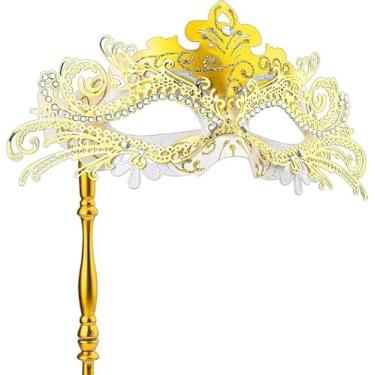 Imagem de Máscara de baile de máscaras com bastão, máscara de baile de máscaras feminina veneziana fantasia de Halloween festa de carnaval para mulheres fantasia (ouro branco)