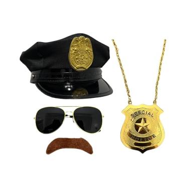 Imagem de EverJoy Party Conjunto de acessórios para fantasia de policial adulto – chapéu, óculos, bigode e distintivo para Halloween, cosplay e eventos de vestir, preto