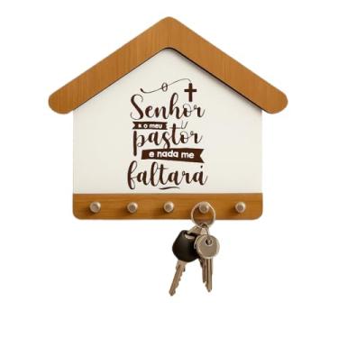 Imagem de Porta Chaves Parede Em MDF Casinha Decorativo Organizador 5 Ganchos(O Senhor é Meu Pastor)