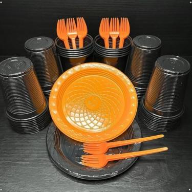 Imagem de Kit 300 Itens Festa Aniversário Descartáveis Plástico Colorido Perolado 100 Pessoas Completo Pratinho Garfinhos Copos (Laranja Preto)