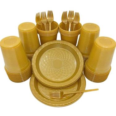 Imagem de Kit 300 Itens Festa Aniversário Descartáveis Plástico Colorido Perolado 100 Pessoas Completo Pratinho Garfinhos Copos (Dourado)