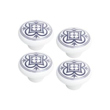 Imagem de Kit 4 Puxador Porcelana Cerâmica Gaveta Armário Preto Mandala (Branco/Azul - MPPON113)