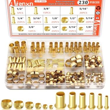 Imagem de Aienxn 230 peças, 6 tamanhos, acessórios de compressão de latão, kit sortido - 1/5.1 cm, 3/20.3 cm, 5/40.6 cm, 1/10.2 cm, 3/40.6 cm, inserção de 1/20.3 cm, virola de manga para conectar linhas de ar