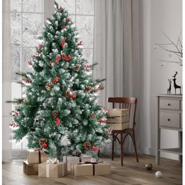 Imagem de Árvore de Natal 1,90m Completa com 600 Galhos e Acessórios — Pinheiro Verde com Branco, PVC, Base de Ferro, Luzes Quentes e Coloridas, Pinha e Frutinhas Vermelhas