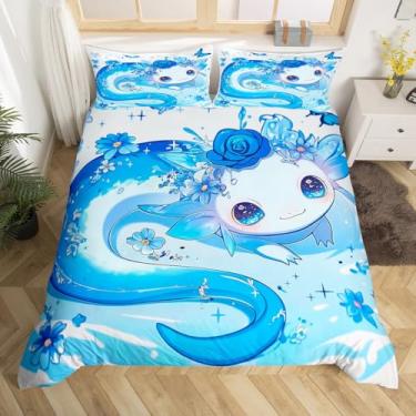 Imagem de Erosebridal Axolotl Capa de edredom tamanho casal axolote azul para meninos e meninas, crianças, capa de edredom com desenho fofo de axolote kawaii, animal marinho, axolote, capa de cama, decoração