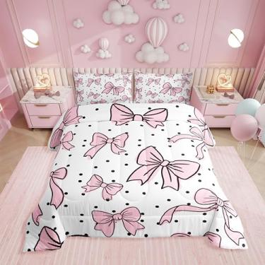 Imagem de Erosebridal Lindo conjunto de edredom solteiro com laço rosa para meninas, crianças, rosa e preto, decoração de quarto, conjunto de colcha de princesa com laço kawaii e bolinhas, 1 fronha