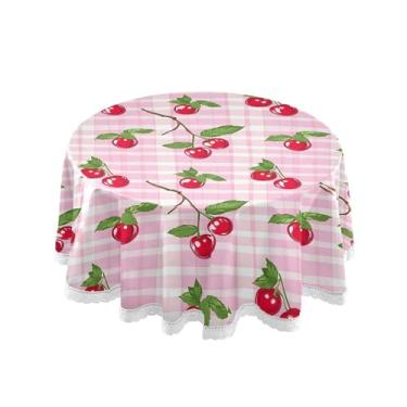Imagem de SEHANY Toalha de mesa redonda xadrez rosa cereja 152 cm, tecido lavável sem rugas, toalha de mesa redonda com renda decorativa para restaurante, casamento, acampamento, festa Fiesta Cinco de Mayo