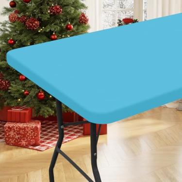 Imagem de Moosfor Toalha de mesa retangular de 1,8 m de elastano, toalhas de mesa elásticas para piquenique, capa de mesa lavável e elástica para uso ao ar livre, acampamento, banquete e festas (névoa azul, 61