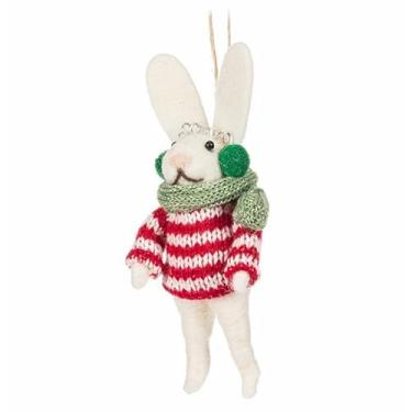 Imagem de Abbott Collection Enfeite de coelho em suéter listrado, 14 cm, vermelho, verde, feltro de lã