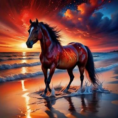 Imagem de KTHOFCY Kits de pintura de diamante de cavalo animal DIY 5D para adultos, casco flamejante de praia, cavalo real, broca completa, ponto bordado, cristal, strass, pinturas, artes, decoração de parede