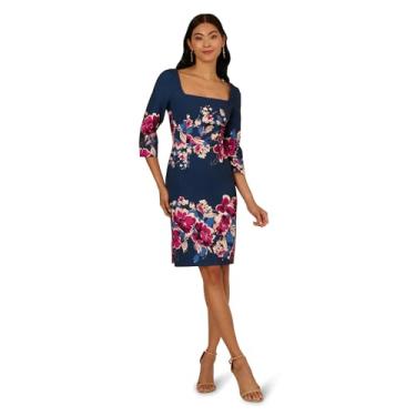 Imagem de Adrianna Papell Vestido midi floral com borda, Azul-marinho/Rosa Multi, 46