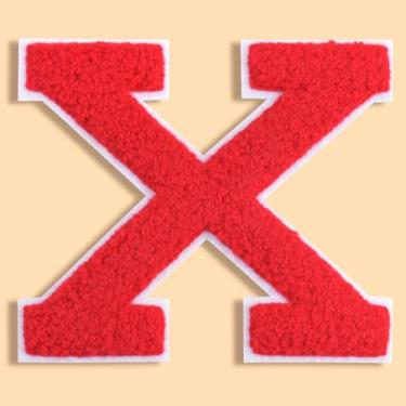 Imagem de QianSiLi Remendos de letras universitárias de chenille vermelho de 11 cm, letras grandes para jaquetas Letterman, moletons com capuz, mochilas, coletes, roupas, adesivos individuais de letra X