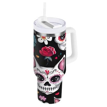 Imagem de STAYTOP Copo de caveira de gato bonito de 850 g com tampa e canudo, copo isolado de aço inoxidável durável à prova de vazamento com alça, garrafas de água à prova de derramamento para viagens