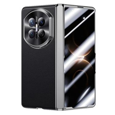 Imagem de FWYANZH Capa de couro de vaca para Huawei Mate X7, capa de proteção de câmera de metal com suporte protetor de tela embutido dobradiça capa de couro genuíno antiqueda, preta, Mate X7
