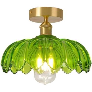 Imagem de Luminária de teto moderna em latão com cúpula de vidro verde em formato de flor e detalhes dourados, ideal para quarto, sala de estar, sala de jantar e corredor (verde).