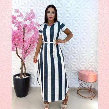 Imagem de Vestido Feminino Longo Listrado Fenda Lateral Único Veste 38 ao 48 Ver