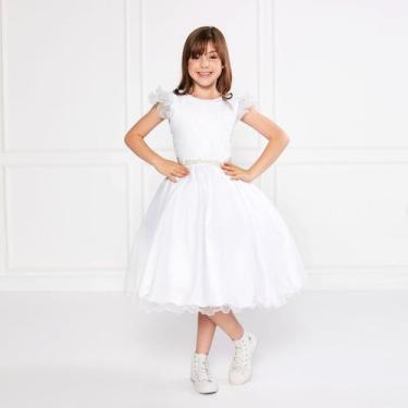 Imagem de Vestido Glitter Branco Manga Godê De Festa Infantil Rodado Tamanho:16C