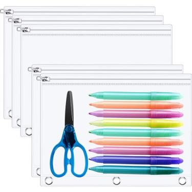 Imagem de Lincia Bolsa de lápis transparente para fichário de 3 anéis com zíper de metal, 3 argolas para fichário, bolsa de 25 x 18 cm, envelope visível para dinheiro com ilhós reforçados, material de