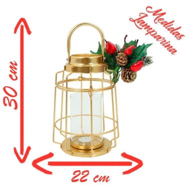 Imagem de Lamparina Luminária Natal Dourada Em Metal Decorativa 30cm