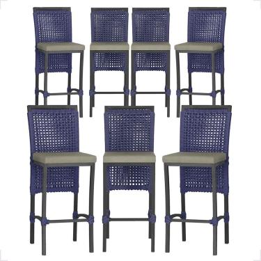 Imagem de 7 Banquetas Em Alumínio Roma Preta Corda Náutica Tecido 8 Azul