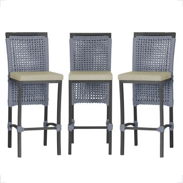 Imagem de 3 Banqueta Em Alumínio Roma Preta Corda Náutica Tecido 7 Prata