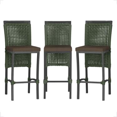 Imagem de 3 Banqueta Em Alumínio Roma Preta Corda Náutica Tecido 9 Verde