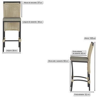 Imagem de 6 Banqueta Em Alumínio Roma Preta Corda Náutica Tecido 8 Rami