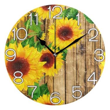 Imagem de Relógio de parede analógico decorativo operado por bateria silencioso relógio de cozinha rústico, retrô moderno art déco decoração de parede girassóis brilhantes floral folha verde, 25 cm, ponteiros