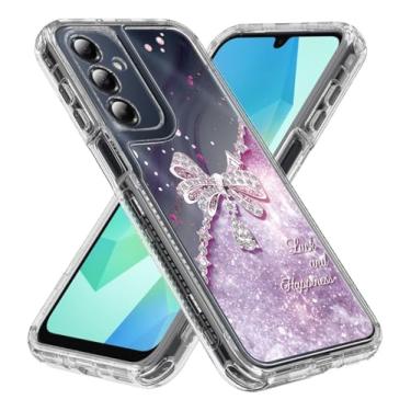 Imagem de Rosebono Compatível com Samsung Galaxy A16 Sparkle Rhinestone Diamond Colorful Butterfly Graphics Design 3-Layer Hybrid Armor Cover Case (Roxo)