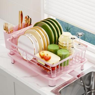 Imagem de GHERISN Escorredor de pratos com bandeja coletora, escorredor de pratos com bico de drenagem, escorredor de pratos de aço inoxidável com copos, suportes de utensílios e tábua de corte para balcão de