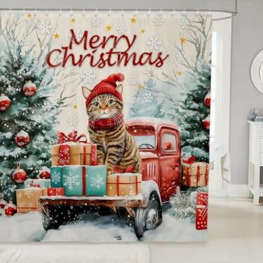 Imagem de Cortina de chuveiro decorativa de gatos fofos, tecido de poliéster impermeável, cortina de banheiro vermelha para decoração de casa de banho com ganchos 182 x 188 cm, lavável na máquina