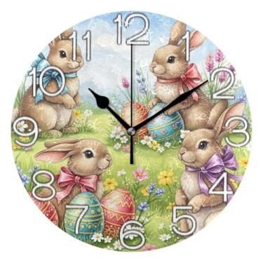 Imagem de Relógio de parede analógico decorativo operado por bateria silencioso relógio de cozinha fofo, decoração de parede de casa de fazenda moderna, coelhinhos fofos páscoa colorida, 25 cm, ponteiros pretos