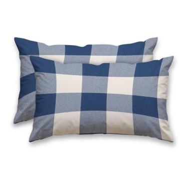 Imagem de HOMETITUTE Capas de almofada xadrez azul pacote com 2 fronhas de cetim 30,5 x 50,8 cm para sofá, sala de estar, casa de fazenda, decorações de férias
