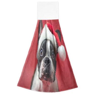 Imagem de Bonito Boston Terrier Toalhas de Mão Penduradas para Cachorro Papai Noel Toalhas de Chá Absorventes Macio Bonito Cozinha Banheiro Decoração Conjunto de 2, 45 x 35 cm