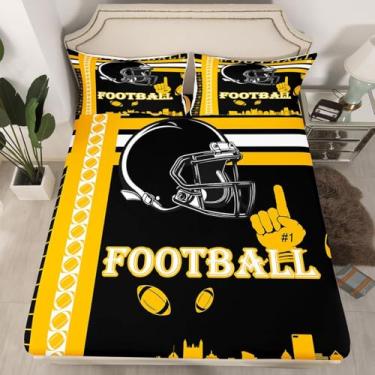 Imagem de Feelyou Jogo de lençol solteiro de futebol americano Pittsburgh, presente de futebol americano, para fãs de futebol, mulheres, homens, cidade, rúgbi, esportivo, preto e amarelo, decoração de quarto