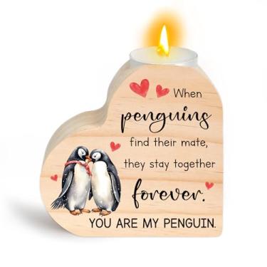 Imagem de Presentes românticos de aniversário para esposa ela ele marido - pinguim namorada presentes românticos de aniversário para ela ele suporte de vela em forma de coração decoração de Natal presente de