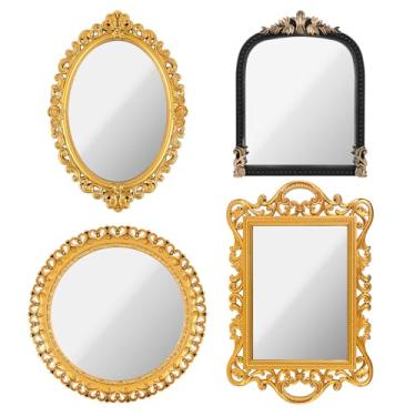 Imagem de YEXEXINM Conjunto de 4 estilos de espelhos dourados vintage decorativos para pendurar na parede espelhos de mesa com moldura de resina espelho retrô para sala de estar, quarto, cômoda e decoração de