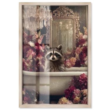 Imagem de Guaxinim em Magnificent Floral Tub Shadowbox Print Bathroom Wall Art por Art Remedy, moldura loira, 28 x 40 cm