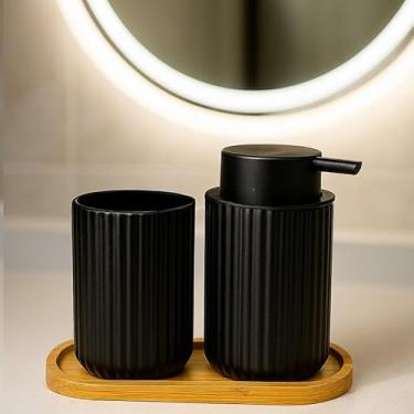 Imagem de Kit Banheiro Lavabo em Cerâmica com Dispenser para Sabonete Líquido e Porta Escova de Dente Decorativo(LUNOR PRETO)