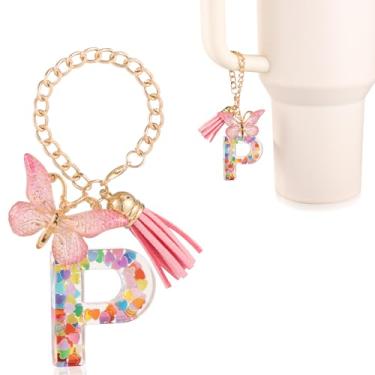 Imagem de Acessórios de copo com pingente de letra, decoração de copo de alfabeto fofo com alça de caneca, pingentes de decoração com borboleta, para Stanley Tumblers, presente para mulheres e meninas (P)