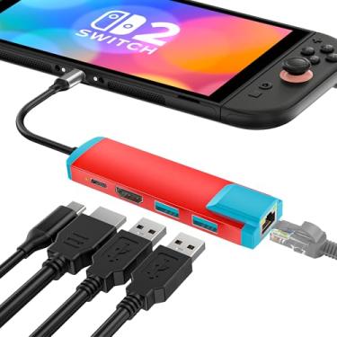 Imagem de Adaptador USB C para HDMI para switch e switch OLED, substituição para estação de ancoragem oficial Switch, estação de ancoragem USB C com porta HDMI 4K a 60Hz/porta tipo C/porta USB 3.0/LAN de 1000 m