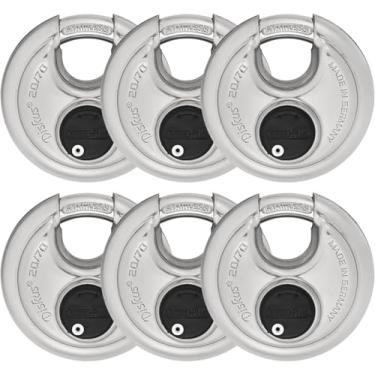Imagem de Cadeado de disco de aço inoxidável resistente ABUS Diskus 20/70 pacote com 6 - cadeado de armazenamento à prova de ferrugem com manilha de 9,5 mm - Feito na Alemanha - Chave diferente