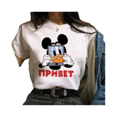 Imagem de Camiseta Feminina Kawaii Disney Mickey Minnie Mouse Estampa Algodão Co